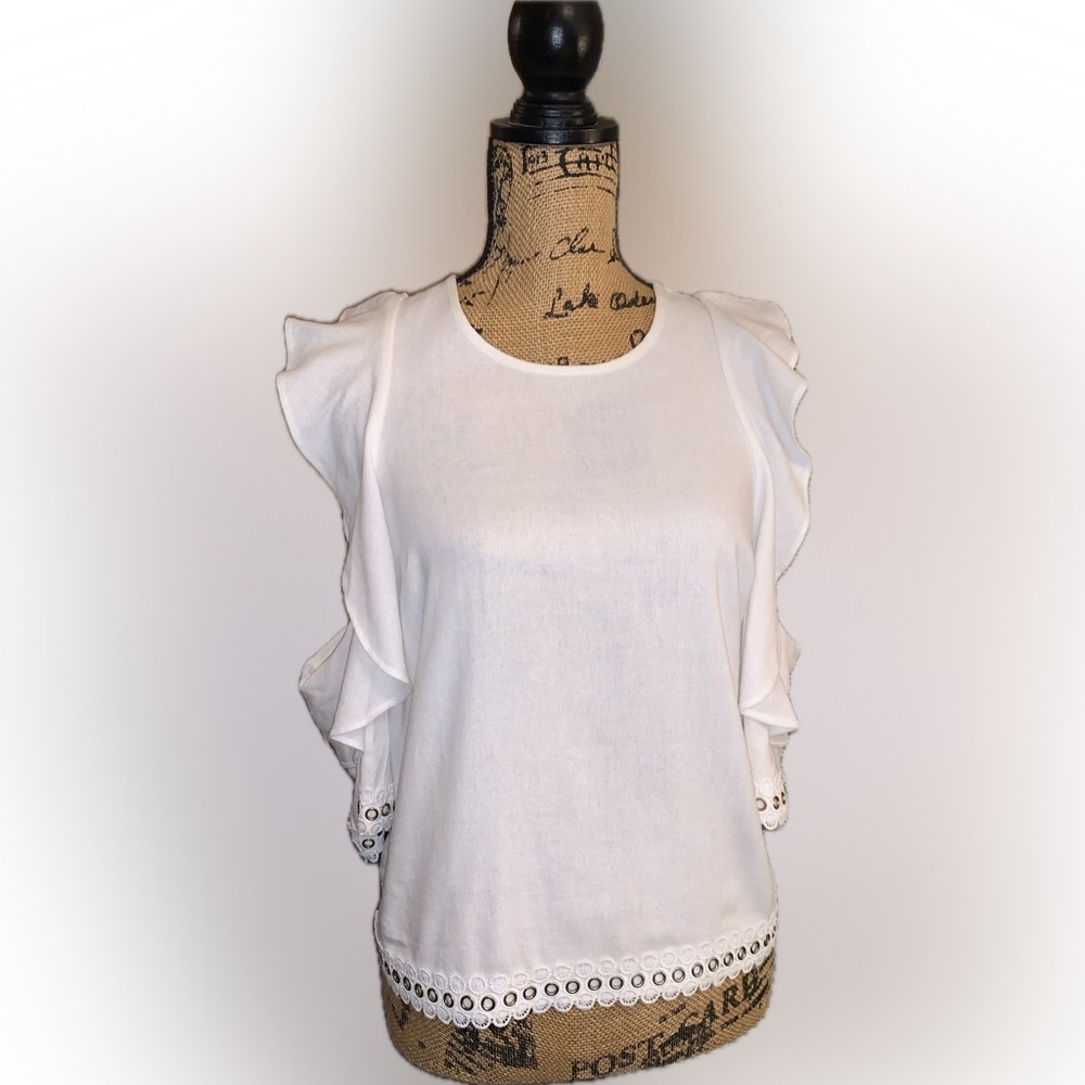 MISA Los Angeles Linen Blend Cold Shoulder Metal Rivet Eyelet Ruffle Blouse XS - Picture 5 of 15